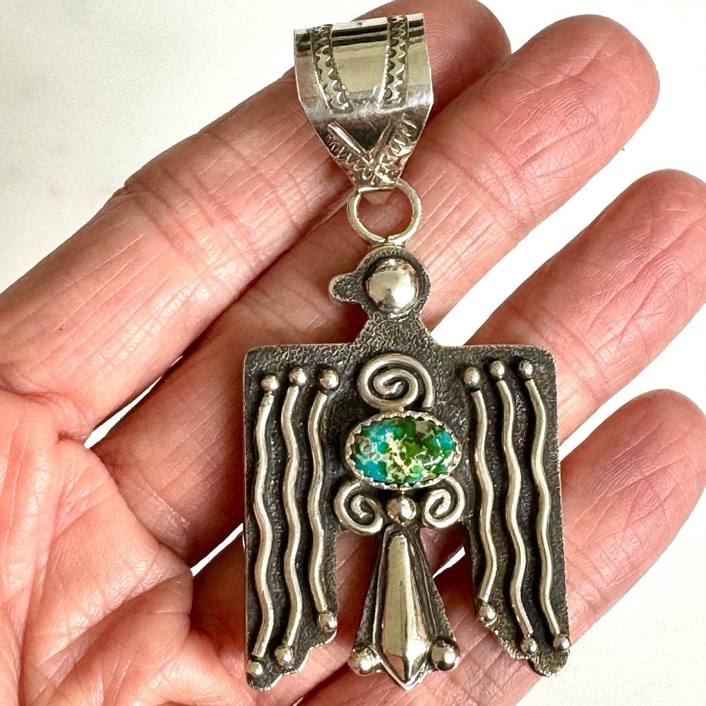 Navajo Thunderbird Pendant Turquoise 2.5 Sterling Signed Mariano Native American - Picture 3 of 8